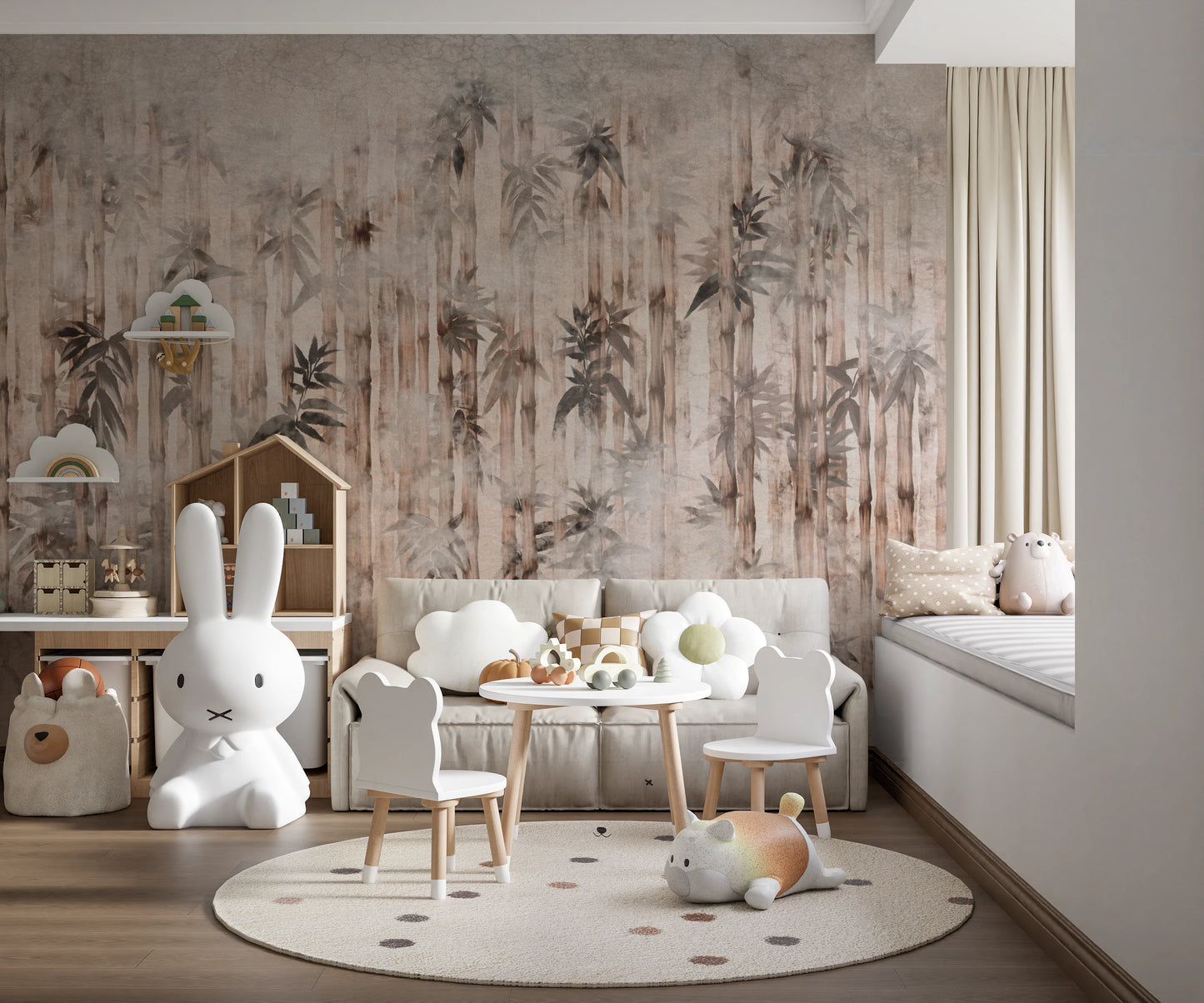 Contemporary art wall mural featuring vertical bamboo lines and soft textures.