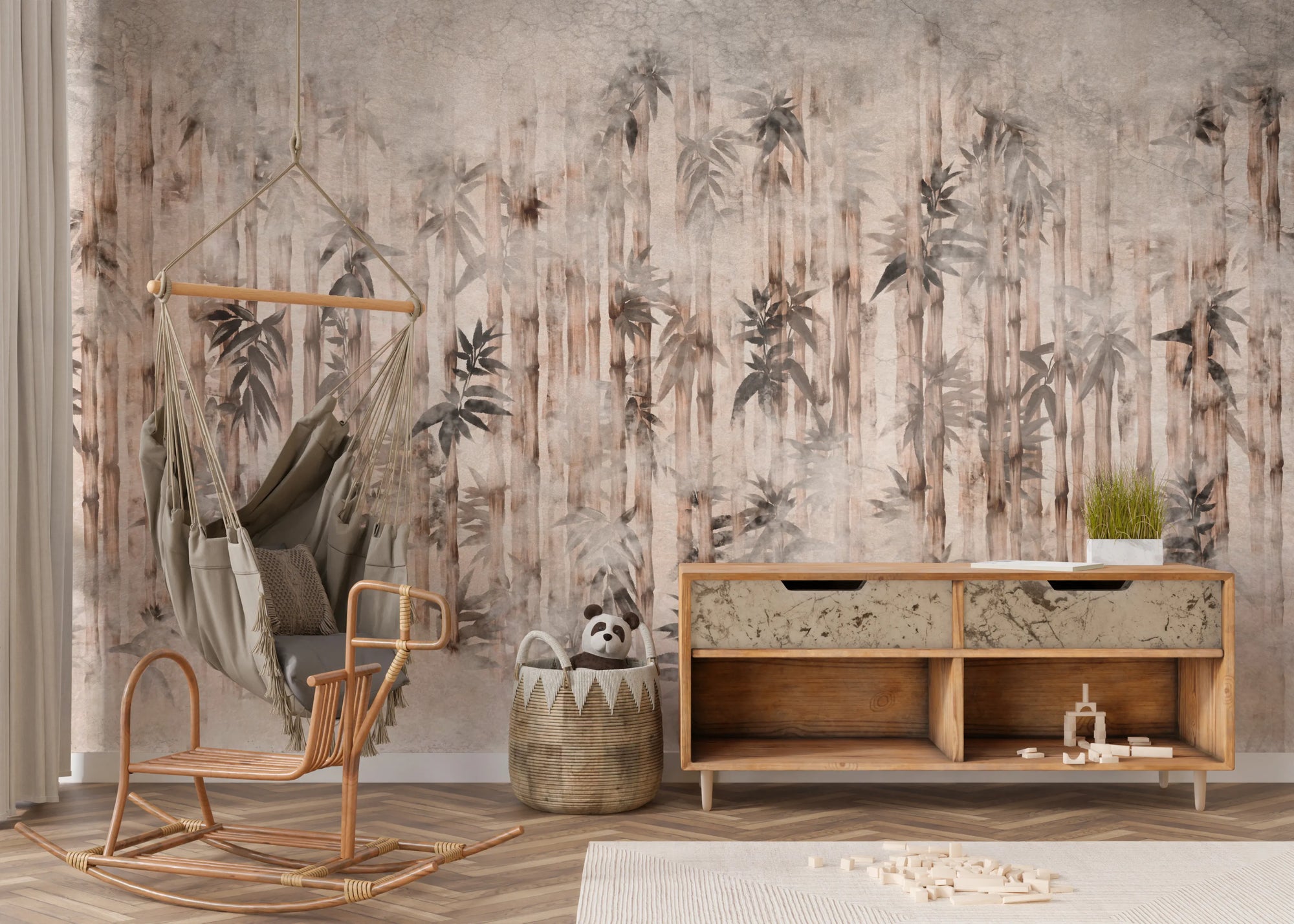 Organic bamboo pattern wall mural featuring a neutral palette in nursery.