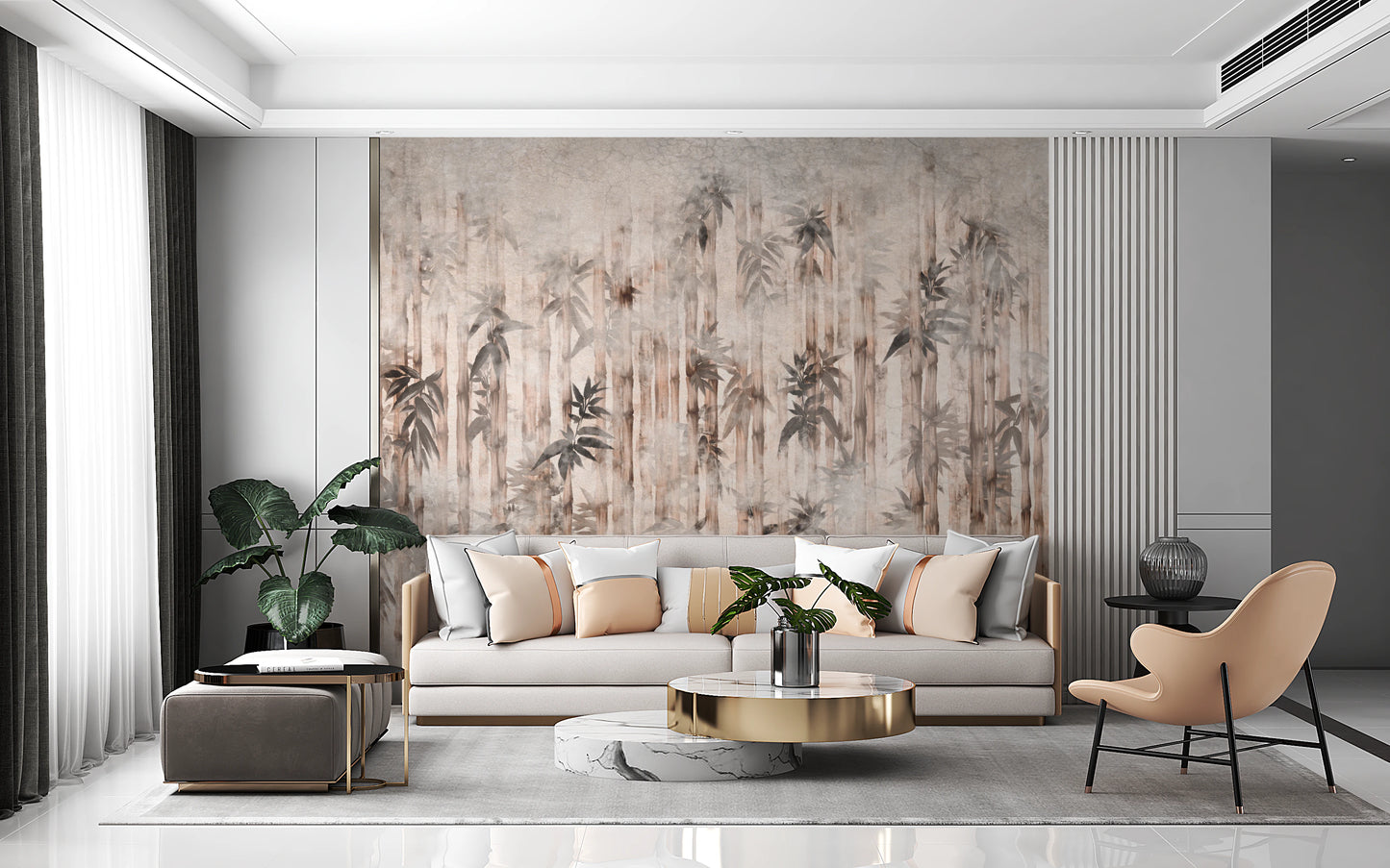 Minimalist wall mural with layered bamboo silhouette in living area.