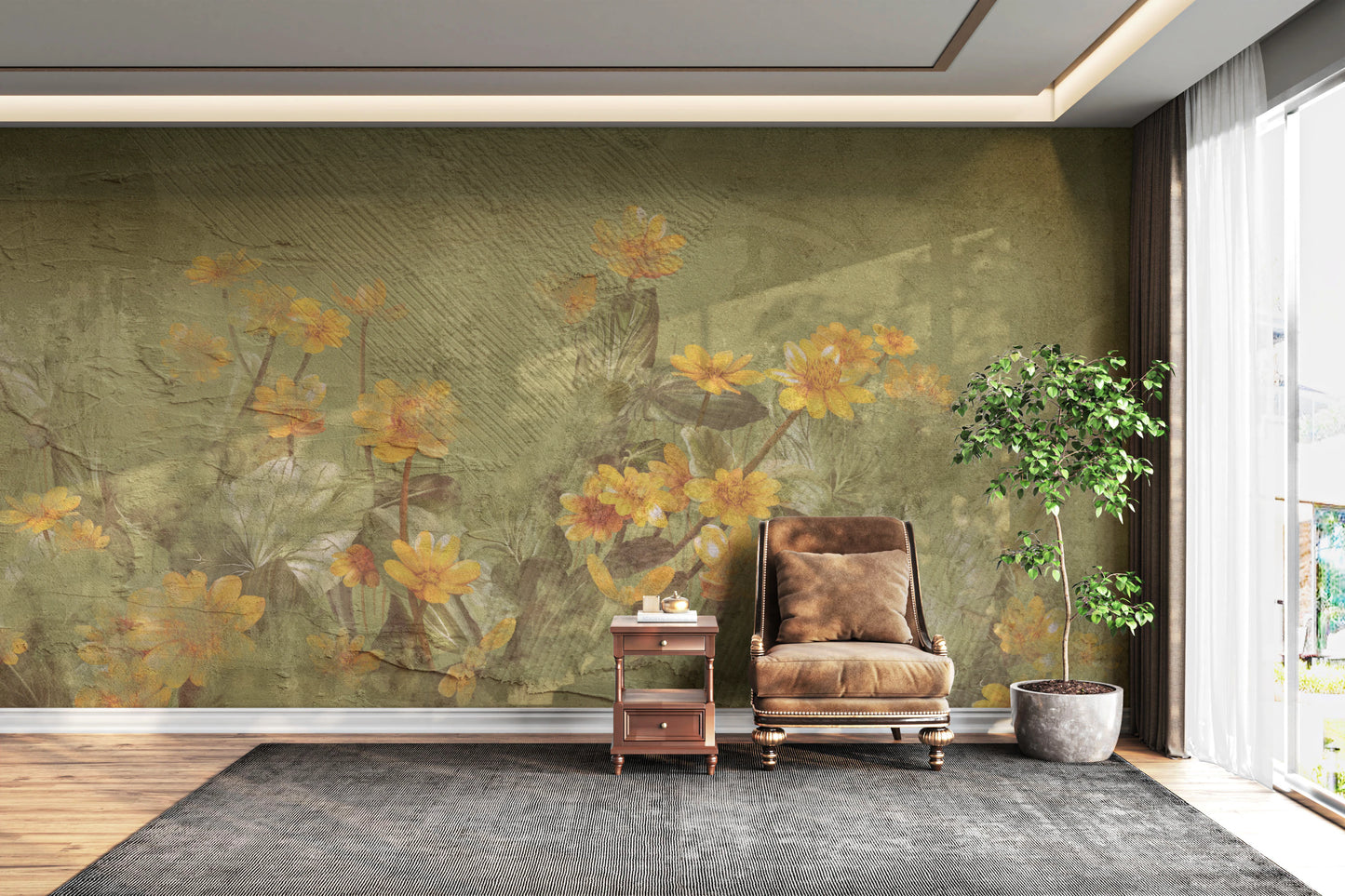 Golden Ochre Reverie Wall Mural with layered green textures and floral imagery.