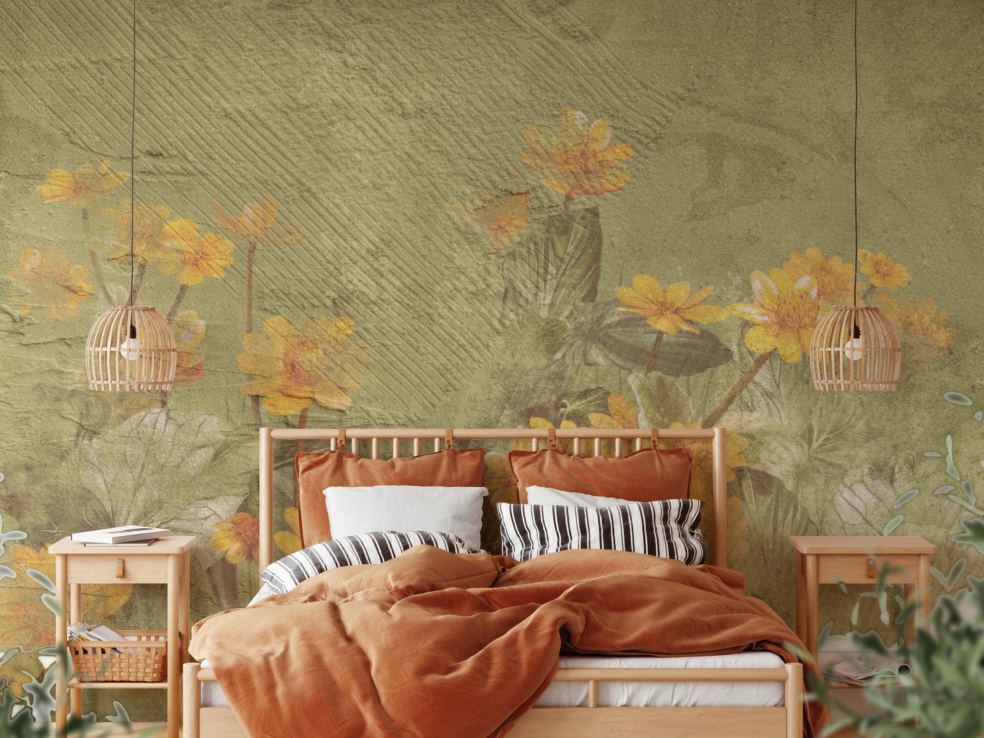 Floral mural design suitable for a neutral bedroom wall finish.