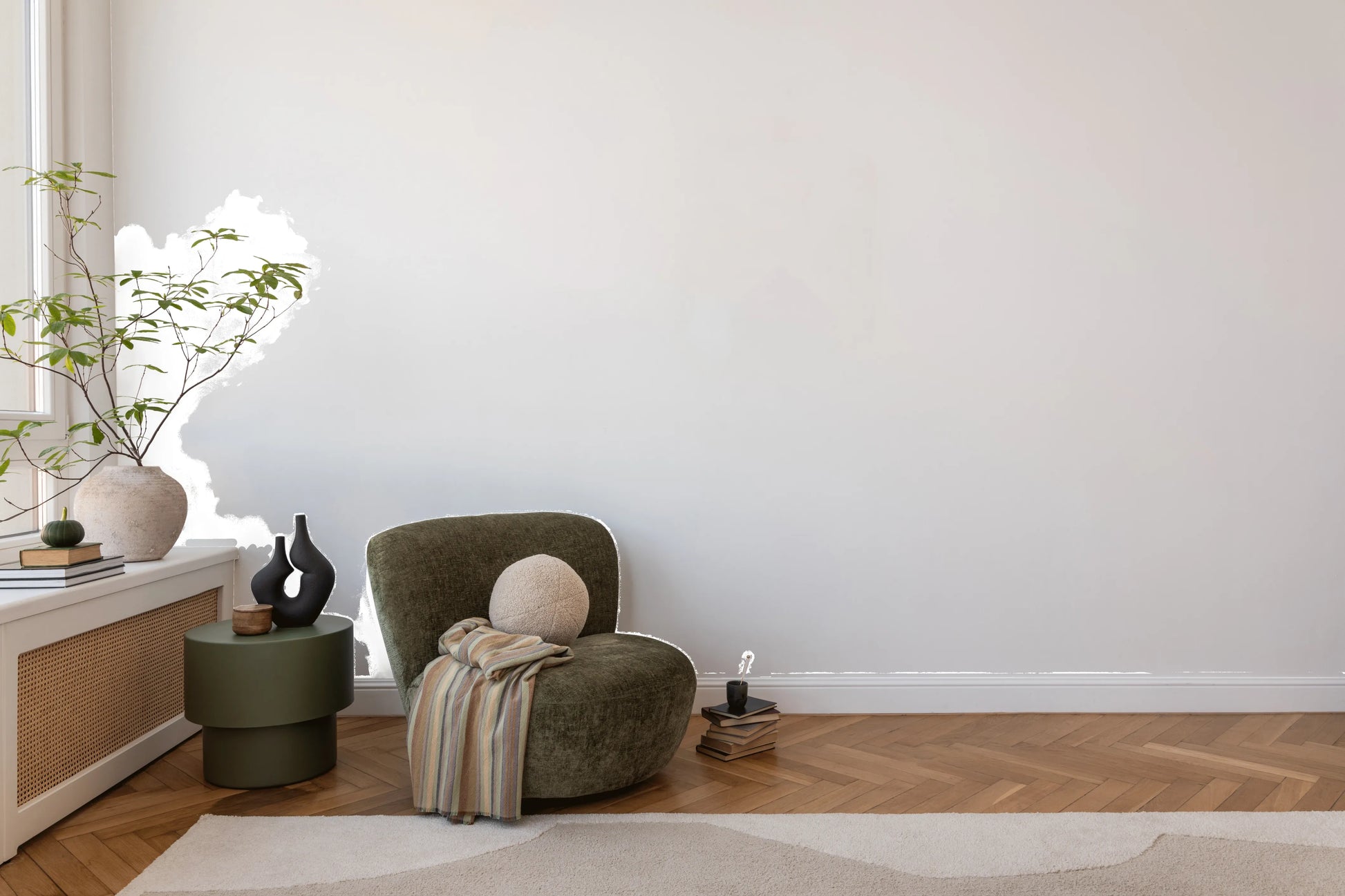 Golden Ochre Reverie Wall Mural application for a minimalist living room wall.