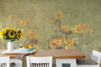 Distressed surface texture wall mural with yellow wildflowers in dining room.