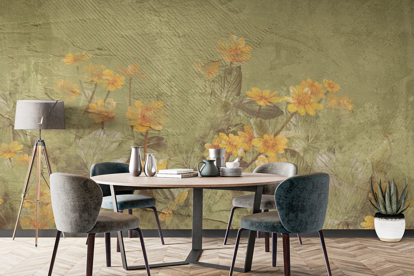 Classic floral wall mural style in a sophisticated dining area.