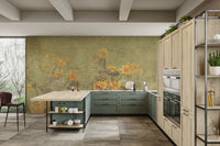 Abstract wildflower wall mural featuring yellow accents on a mottled base.