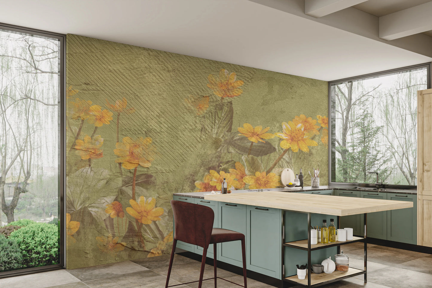Golden Ochre Reverie Wall Mural showing organic wildflower motifs on aged plaster.