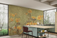 Golden Ochre Reverie Wall Mural showing organic wildflower motifs on aged plaster.