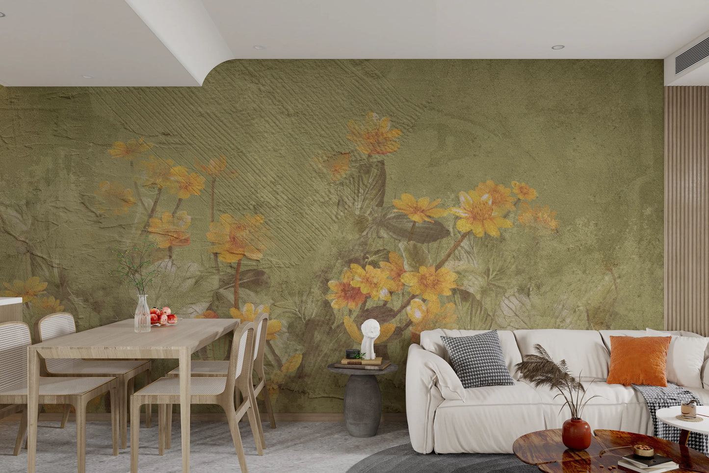 Rustic wall mural aesthetic with vintage yellow flora and earthy green hues.