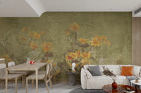 Rustic wall mural aesthetic with vintage yellow flora and earthy green hues.