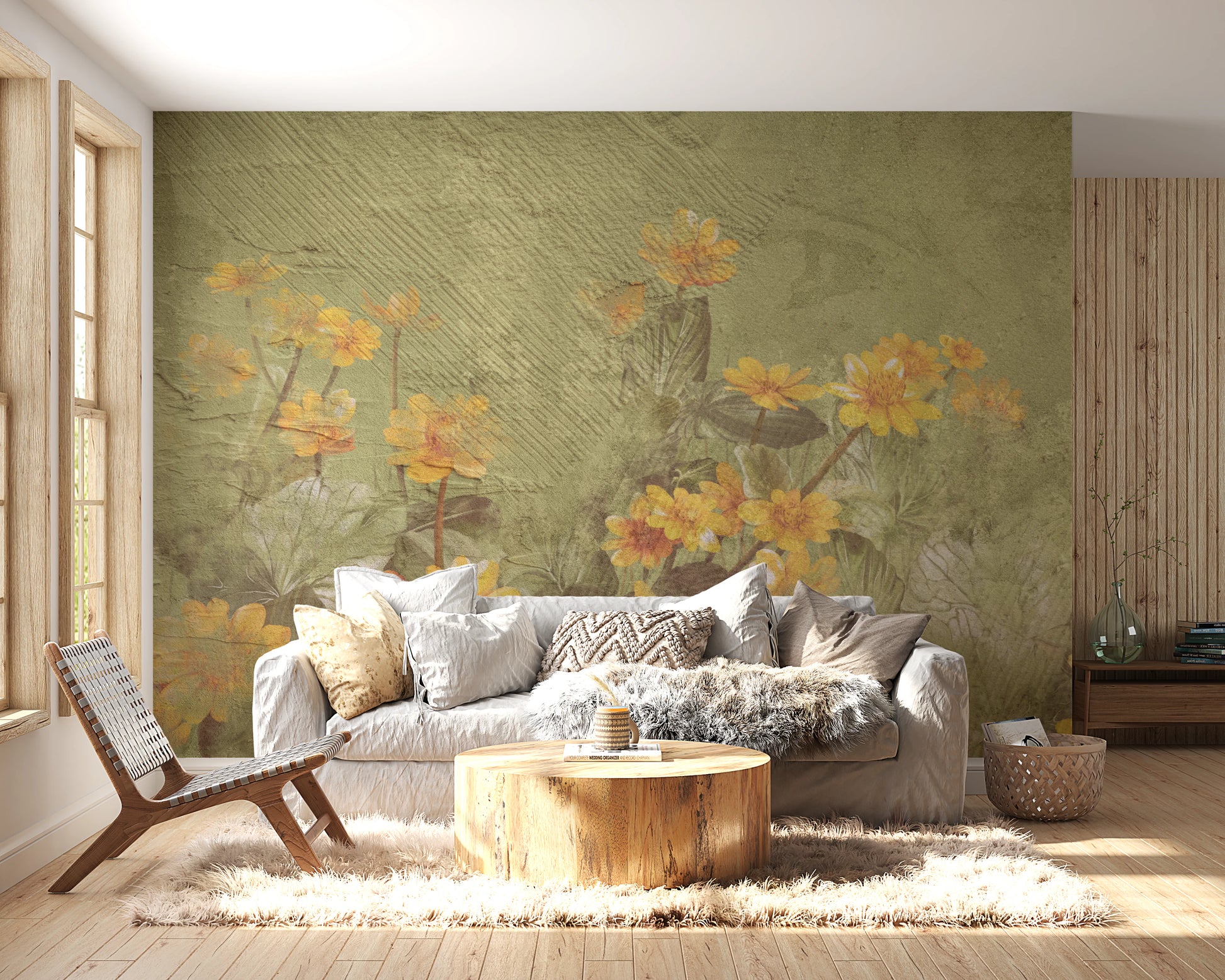 Weathered wall mural with yellow botanical illustrations and foliage in living room.
