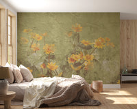 Textured wall mural pattern in muted green tones with yellow petal details.