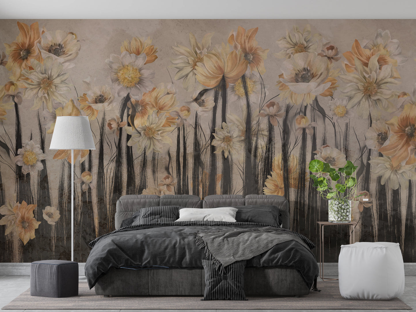 Bedroom wall mural with neutral beige backdrop and expressive charcoal floral art.