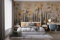 Vertical artistic strokes wall mural with yellow botanical motifs.