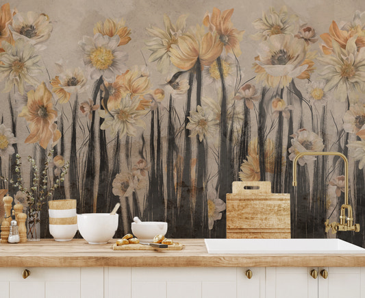 Kitchen wall mural featuring Abstract Bloom Cascade in muted yellow and grey tones.
