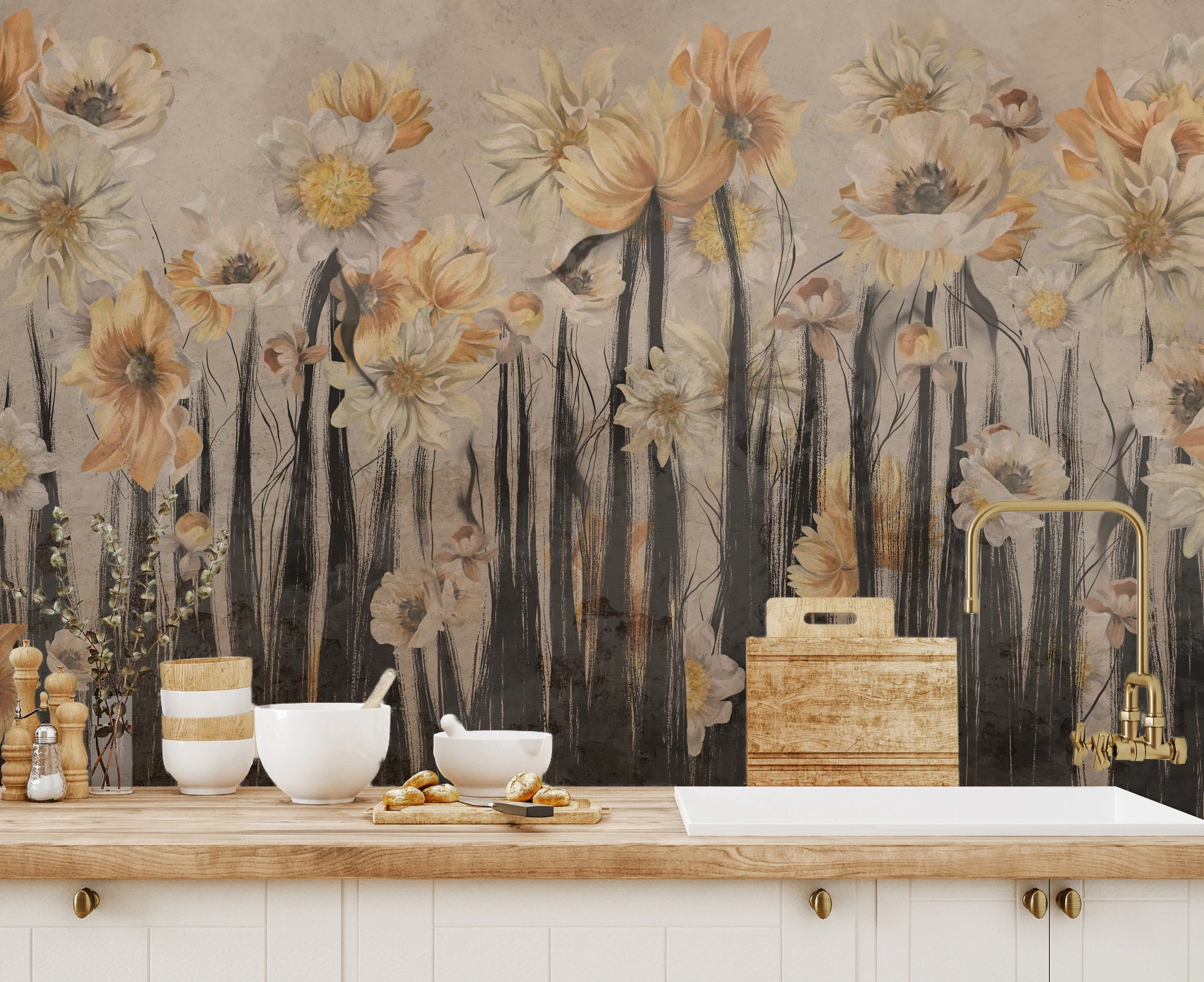 Kitchen wall mural featuring Abstract Bloom Cascade in muted yellow and grey tones.