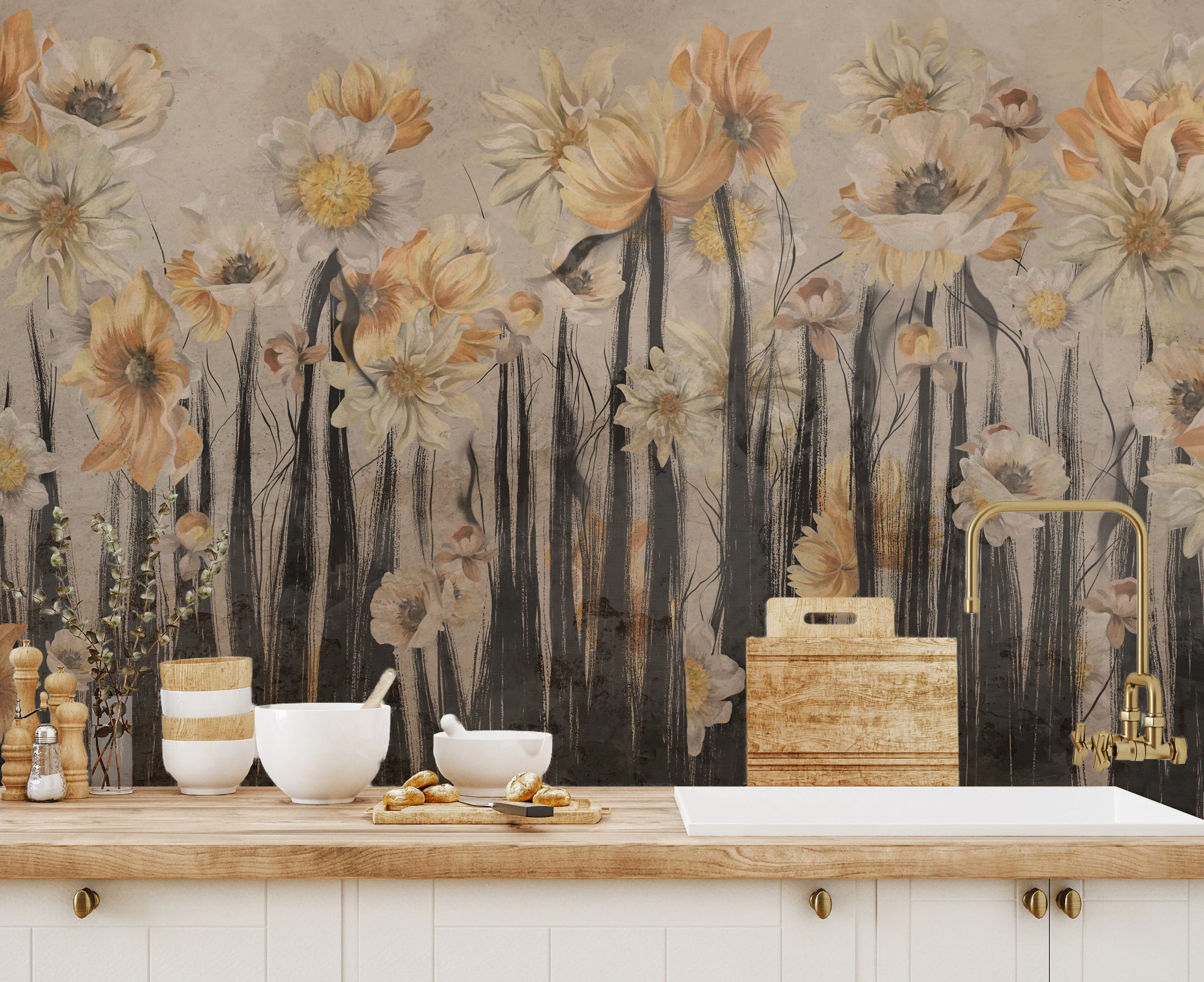 Kitchen wall mural featuring Abstract Bloom Cascade in muted yellow and grey tones.