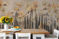 Large scale wall mural with yellow daisy-like flowers in dining room.