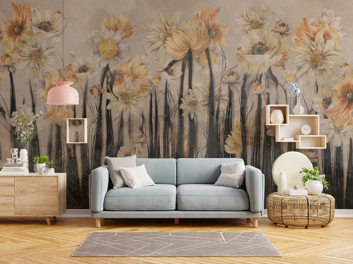 Living room wall mural showcasing a cascading floral pattern with artistic texture.
