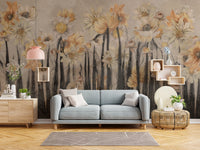 Living room wall mural showcasing a cascading floral pattern with artistic texture.