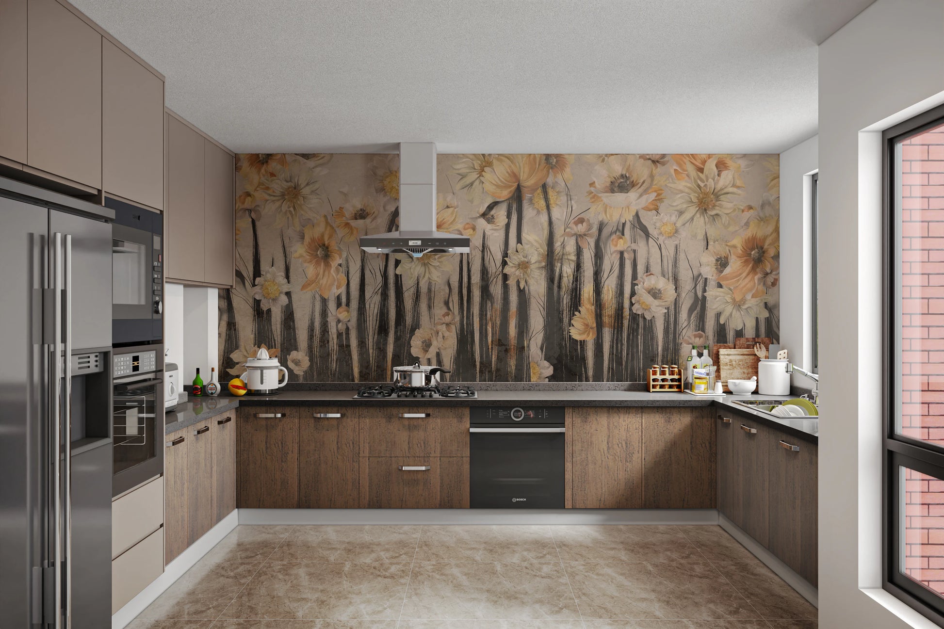 Floral wall mural featuring artistic yellow blossoms on a textured beige background.
