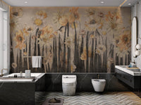 Abstract Bloom Cascade Wall Mural with yellow flowers and dark grey stems.