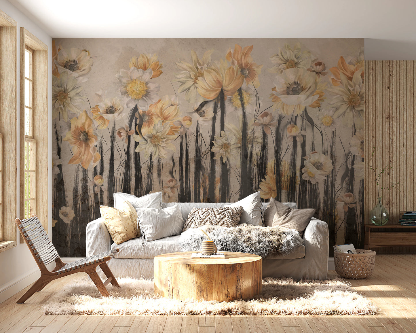 Decorative wall mural showing overlapping yellow flowers and dark vertical lines.