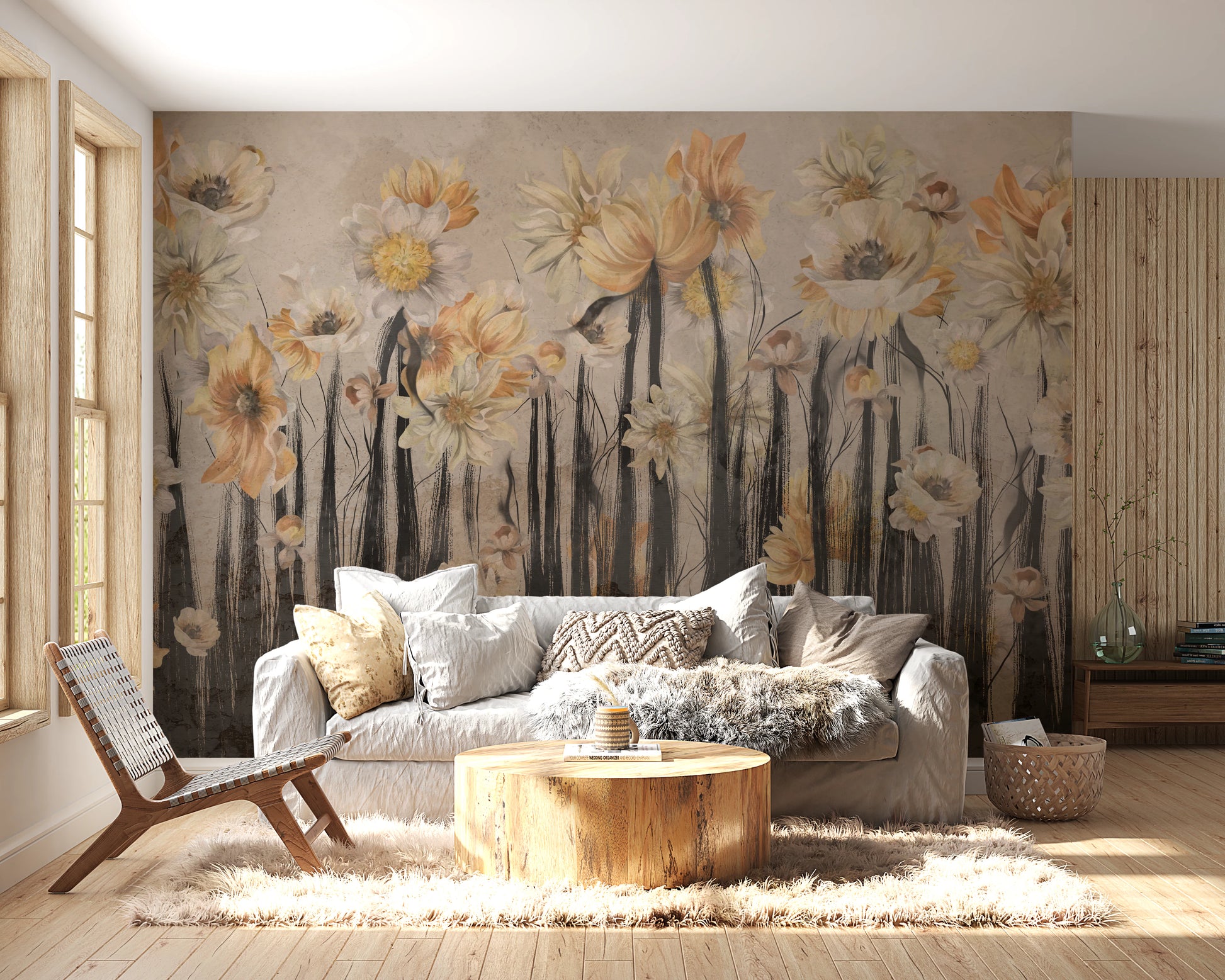 Decorative wall mural showing overlapping yellow flowers and dark vertical lines.