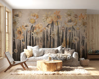 Decorative wall mural showing overlapping yellow flowers and dark vertical lines.