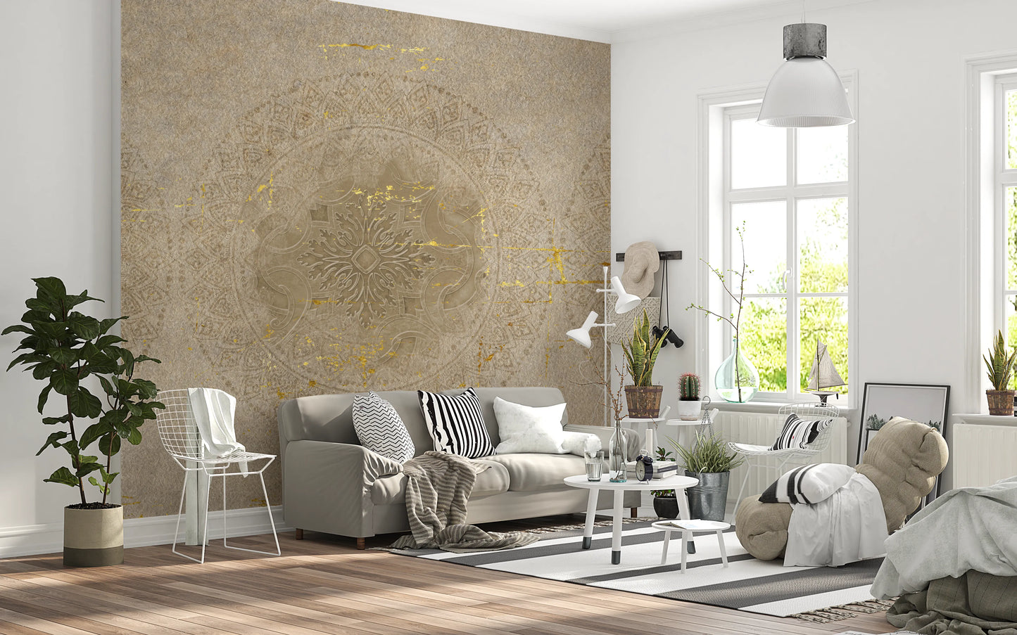 Gilded mandala wall mural with beige and taupe medallions.