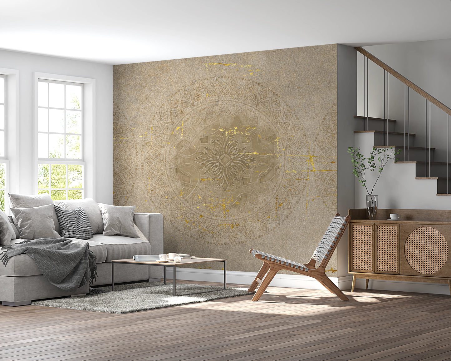 Beige mandala wall mural with weathered parchment backdrop. 