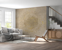 Beige mandala wall mural with weathered parchment backdrop. 