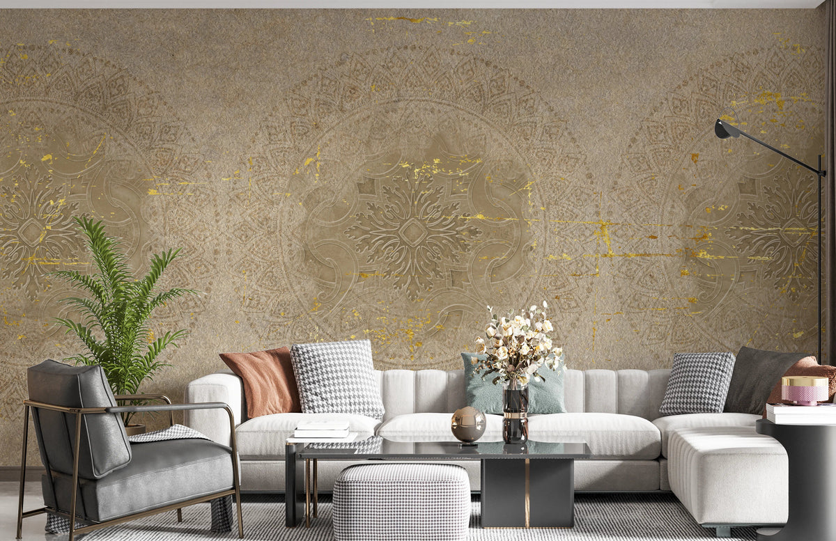 Living room wall featuring vintage mandala medallion mural. 