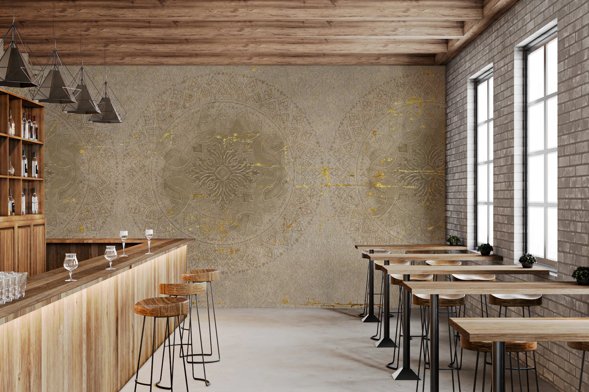 Cafe interior wall with antique gold mandala tapestry mural.