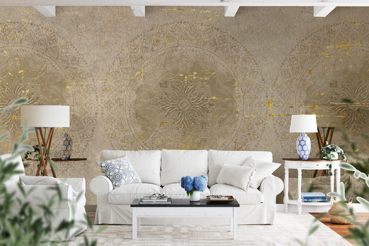 Taupe and sand mandala wall mural with antique gold accents.