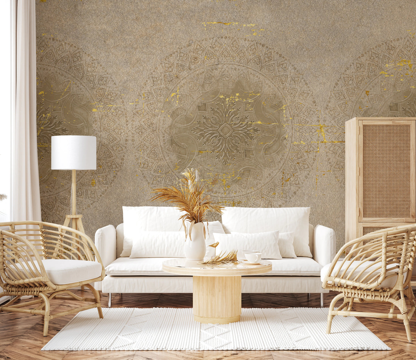 Mandala mural with scattered gold foil flecks on warm beige.