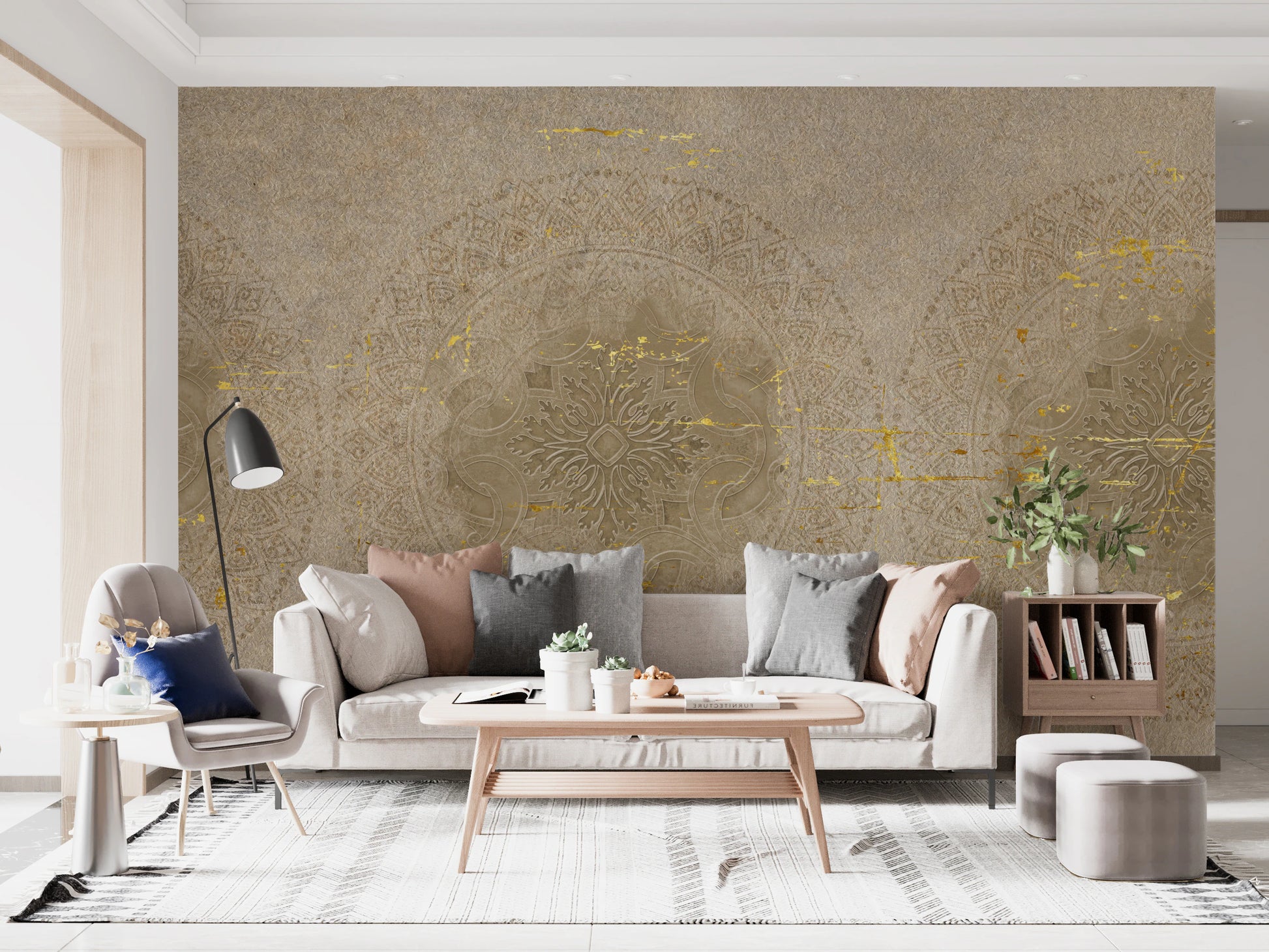 Weathered beige mandala medallion wall mural in bright living room.