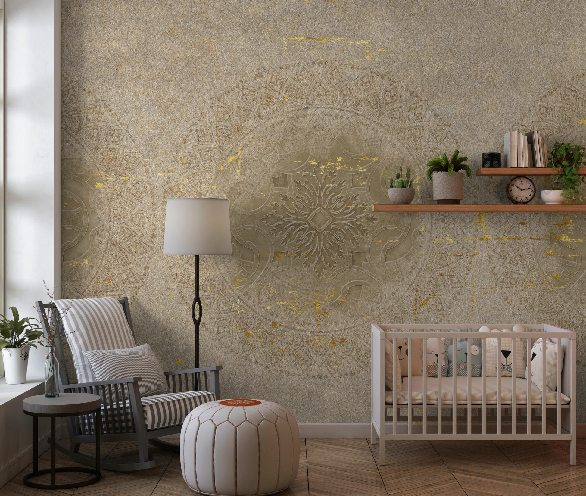 Nursery wall with taupe mandala mural with gold foil pattern.