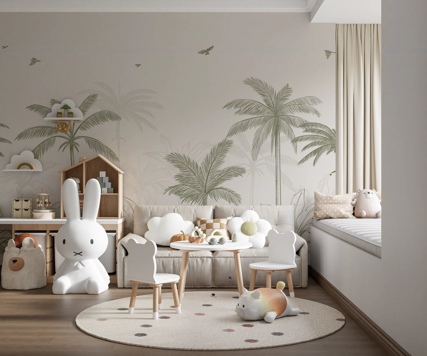 Palm grove whispers wall mural with sage palm trees on a cream background.