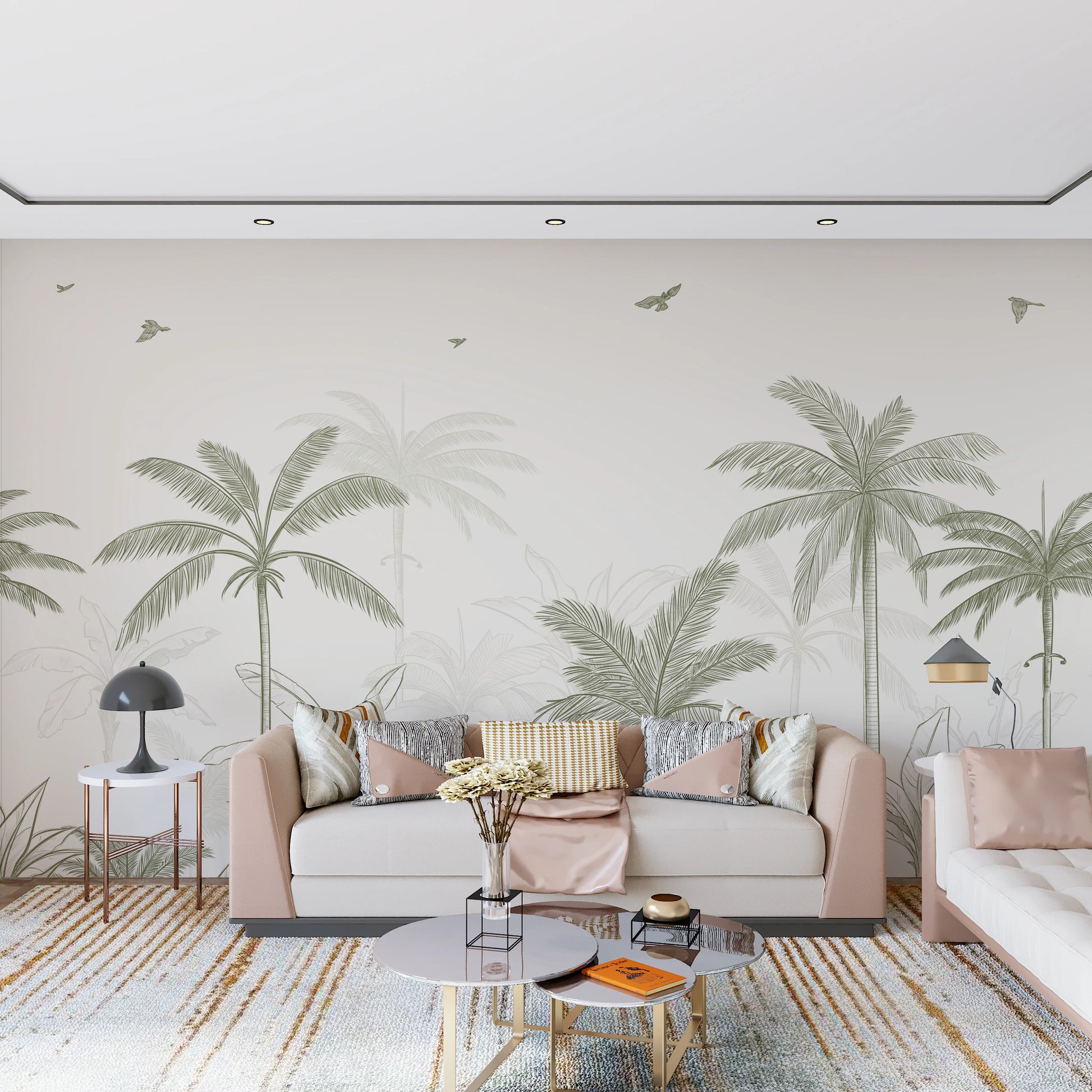 Living room palm grove mural in sage green and ivory tones.