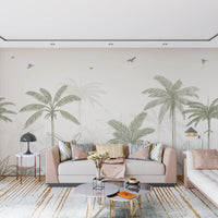 Living room palm grove mural in sage green and ivory tones.