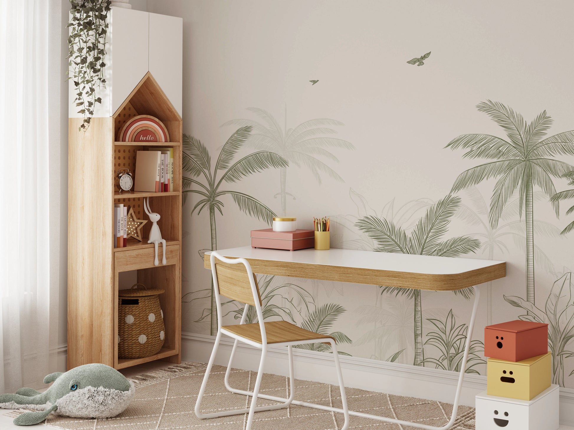 Study room wall mural featuring a sage palm grove and tropical foliage.