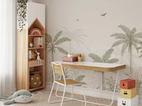Study room wall mural featuring a sage palm grove and tropical foliage.
