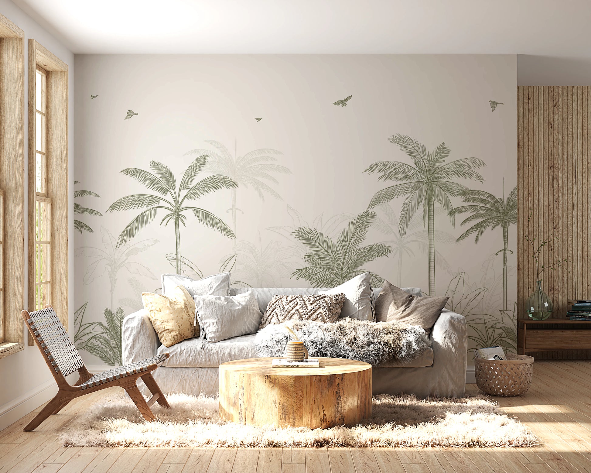 living area wall mural with a palm grove and bird-filled sky in sage tones.