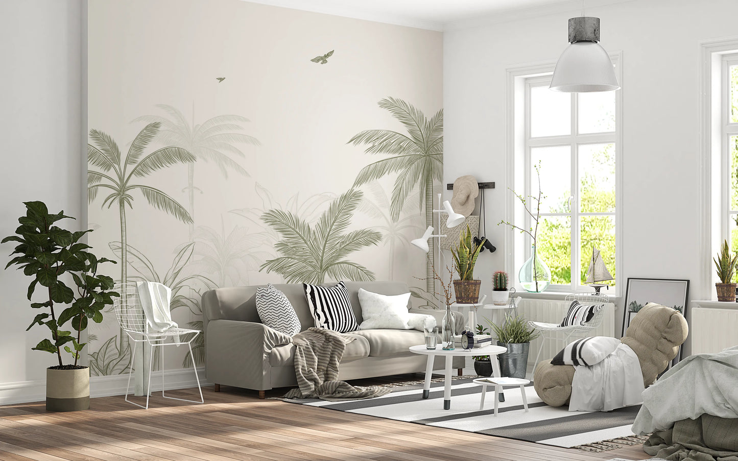 Tropical line wall mural with faded back layers behind sage palms and shoots.