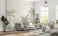Tropical line wall mural with faded back layers behind sage palms and shoots.