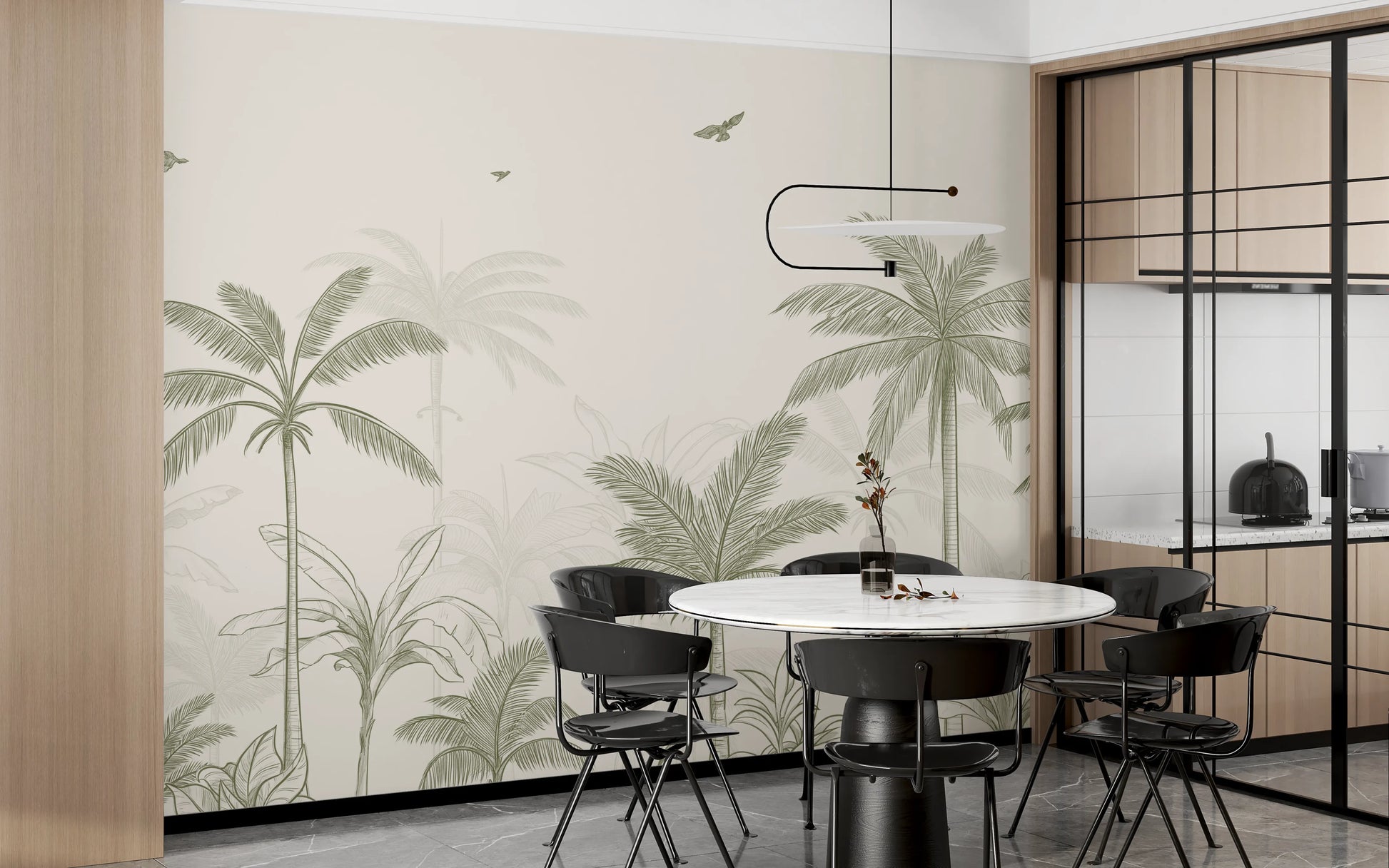 Sage green palms, young shoots and small birds in fine etched linework wall mural.
