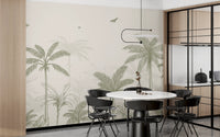 Sage green palms, young shoots and small birds in fine etched linework wall mural.