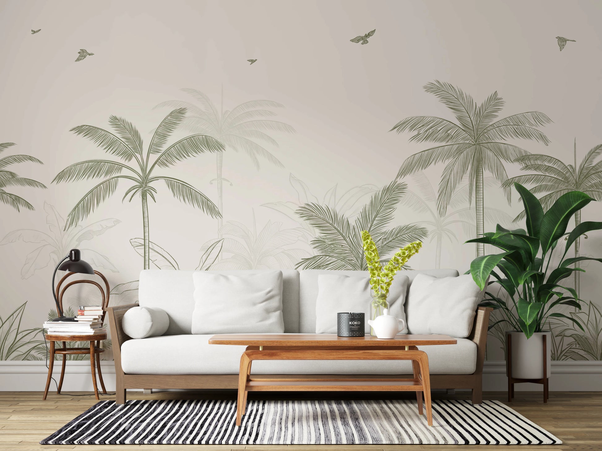 Two-tone botanical mural with slim palm trunks and broad banana leaves. 