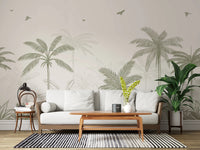 Two-tone botanical mural with slim palm trunks and broad banana leaves. 