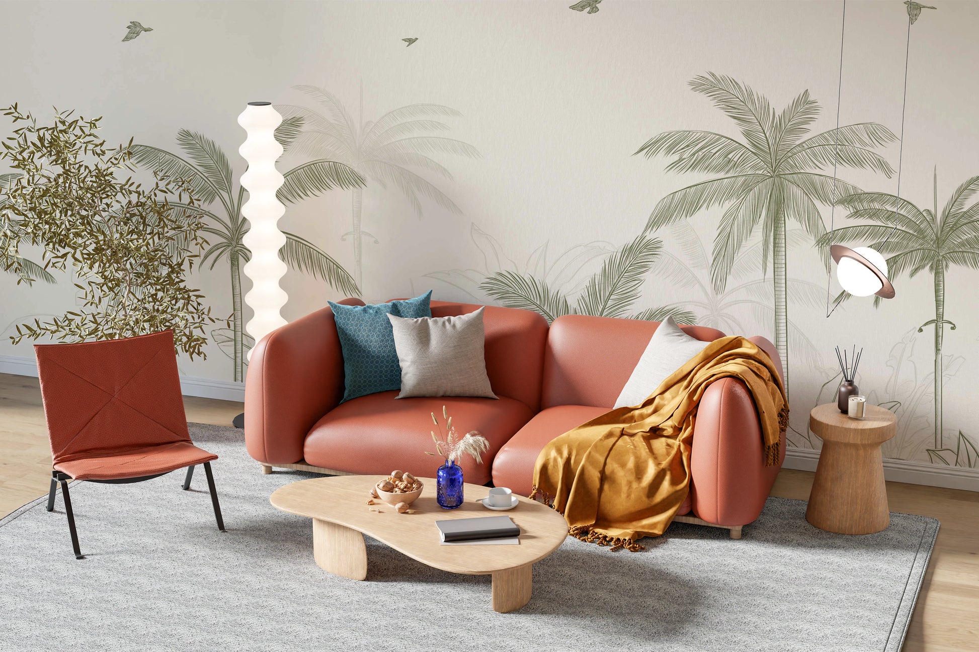 Line-drawn palm tree wall mural with three birds drifting across the open sky.